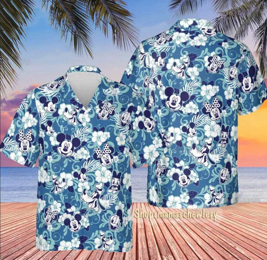 Disney Mickey Mouse Floral Aloha Hawaiian Shirt Dark Blue 01 HW0601