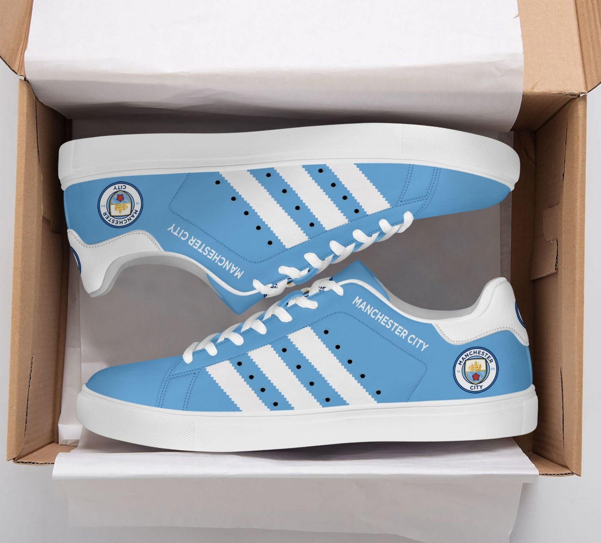 Manchester City Sky Blue White Stan Smith Shoes for Ladies Men, Trendy Style Sneakers ST0801