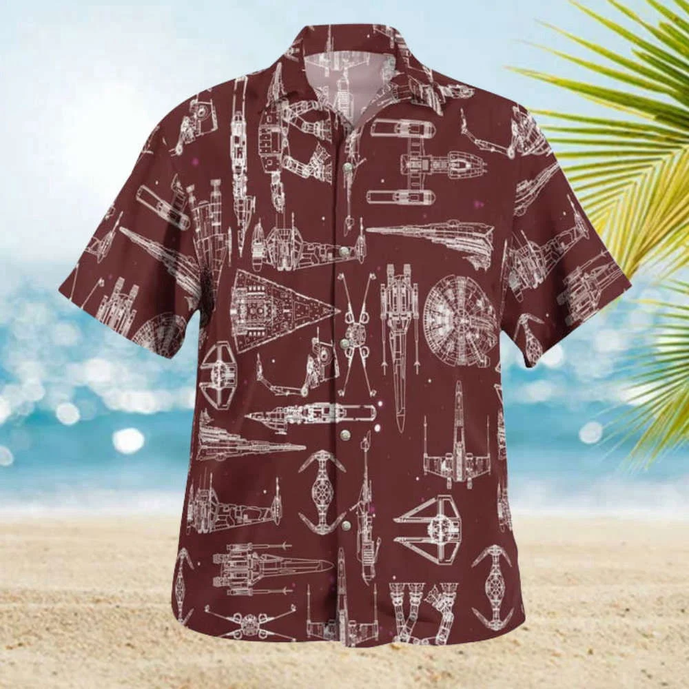 Space Ship Pattern Hawaiian Shirt Shorts Brown Summer 2023 Hot HW0601