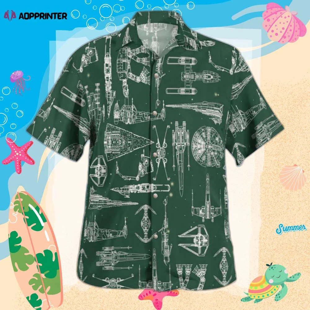 Space Ship Pattern Hawaiian Shirt Shorts Green Summer 2023 Hot HW0601
