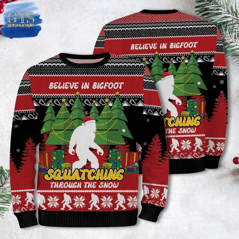 Bigfoot Squatching Through The Snow Christmas Ugly Sweater , Cozy Soft Unisex Pullover SW0601