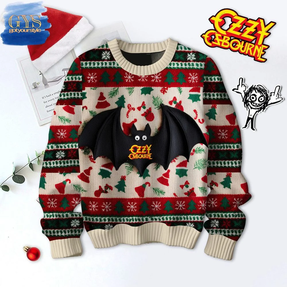 Ozzy Osbourne Plush Bat Ugly Christmas Sweater , Cozy Soft Unisex Pullover SW0601