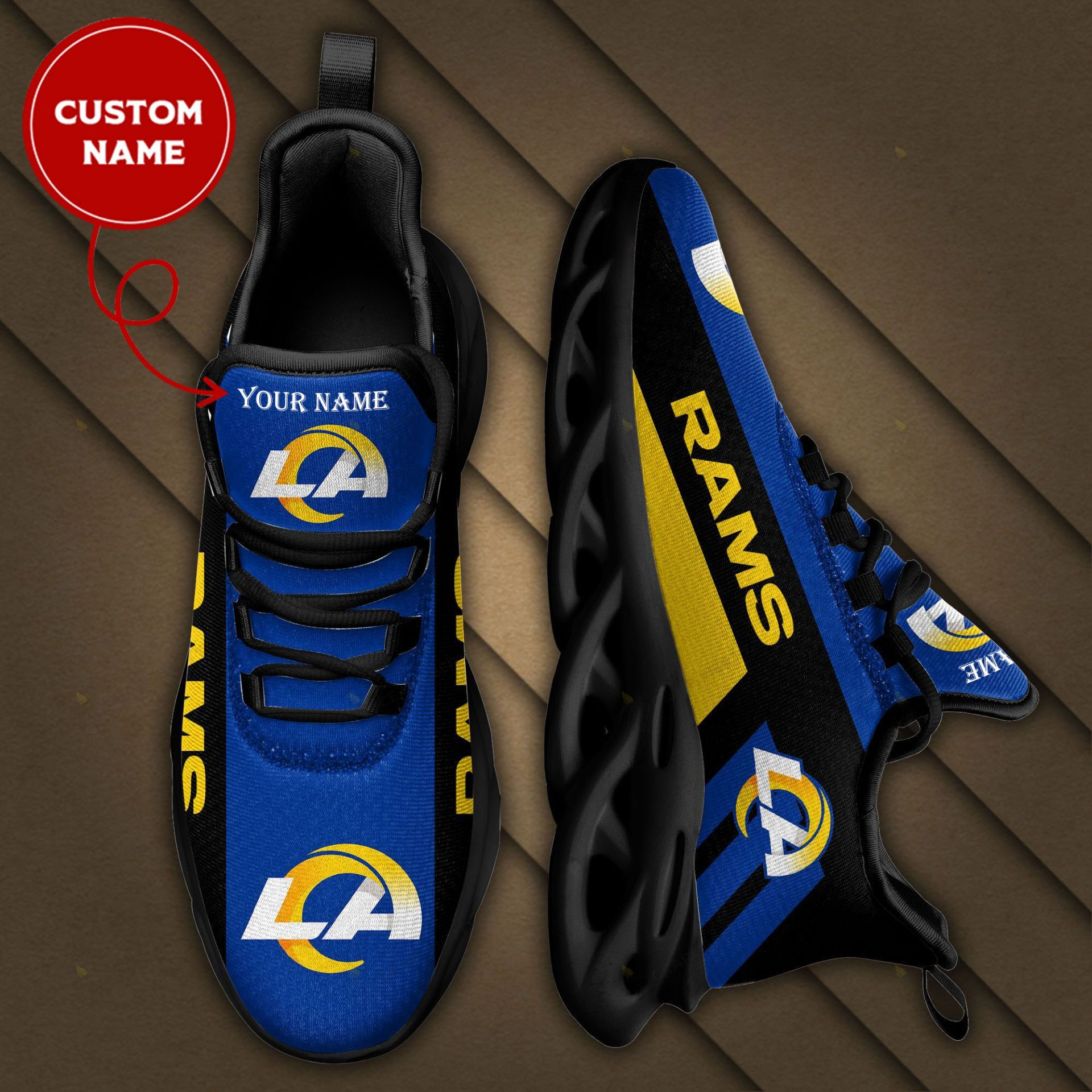 NFL Los Angeles Rams Custom Name Blue Yellow Max Soul Shoes V2 for Men Women MS0601