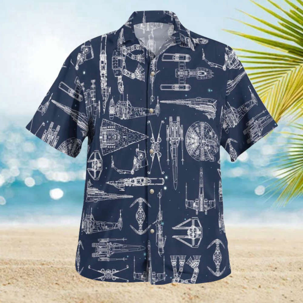 Space Ship Pattern Hawaiian Shirt Shorts Navy Summer 2023 Hot HW0601