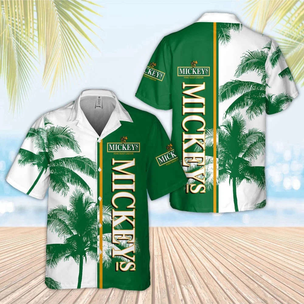 Mickey Fine Malt Liquor Palm Tree Summer Beach Hawaiian Shirt White Green HW0601